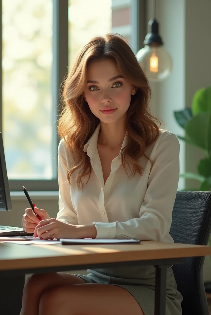 Generates an image of a beautiful young woman with light brown hair and green eyes, about 18 years old dressed in office clothes and a short skirt sitting at a desk