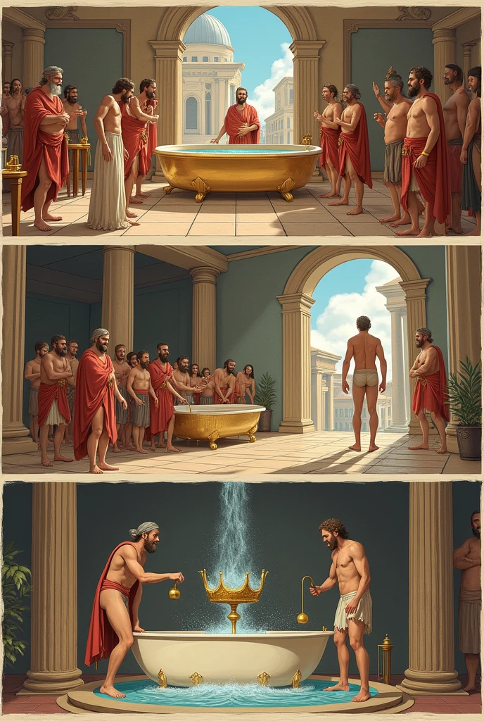 Create a complete drawing with 3 scenes from the text Eureka: 
The King of Syracuse, a colony of ancient Greece, ordered a goldsmith to make him a new crown. The king suspected that the goldsmith had not used all the gold the king gave him to make the 5 crowns.. The king then asked Archimedes, the great scientist and mathematician, to find out if the goldsmith had adulterated his gold crown with silver. Archimedes devoted time and thought to this problem.

The solution came shortly after, when Archimedes was getting into the bathtub. He realized that, when diving into the water, the water level rose and its apparent weight seemed to decrease. Suddenly, Arquimedes percebeu que havia encontrado the solution for the problema do rei. Excited about your After Discovery, he jumped out of the bathtub and ran naked through the streets screaming "Eureka, eureka!" ["I found, I found!"]. To the astonished citizens of Syracuse, It probably looked like the naked man had lost something – either his clothes or his mind.

What happened was very simple. The bathtub was full and the water overflowed when Archimedes got into the bathtub.. Archimedes used his scientific observation powers and figured out how to solve the problem. First he took a quantity of gold and a quantity of silver., each equal in weight to the crown.

The weights of gold and silver were equal, but their volumes do not. The silver, being less dense, was more voluminous than gold. Next. Archimedes took two vessels filled to the brim with water.. He put the 30 gold coins in one and the silver coins in the other.. The silver, because it is more voluminous, caused more water to overflow. Finally Archimedes tested the crown against the same weight of gold.. When placed in water, the crown caused more overflow. proto, the crown should contain metals other than gold. The scientist concluded that the goldsmith had indeed tampered with the king&#39;s golden crown..

Through observation and mathematical reasoning. Archimedes found something: the solution for the pro