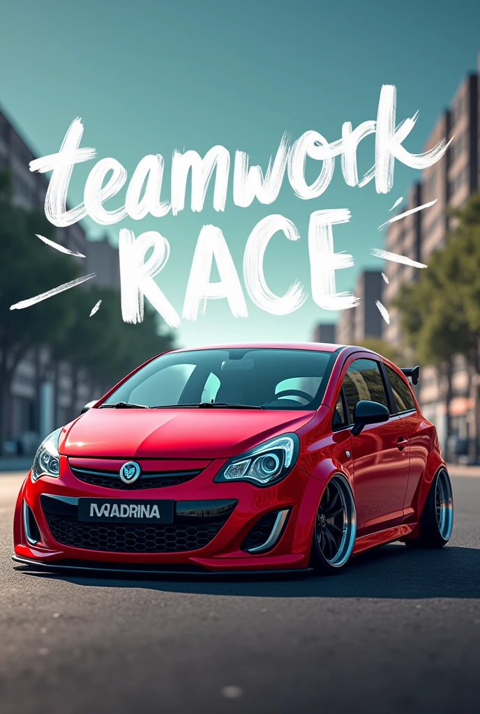 A lowered red Corsa car and writing in the air saying : teamwork_race_Londrina