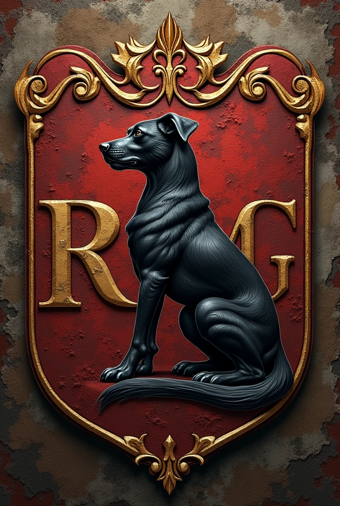 A house coat of arms with the same concepts as the Game Of Thrones universe in which the house symbol is a dog and has the letters R and M printed on it 