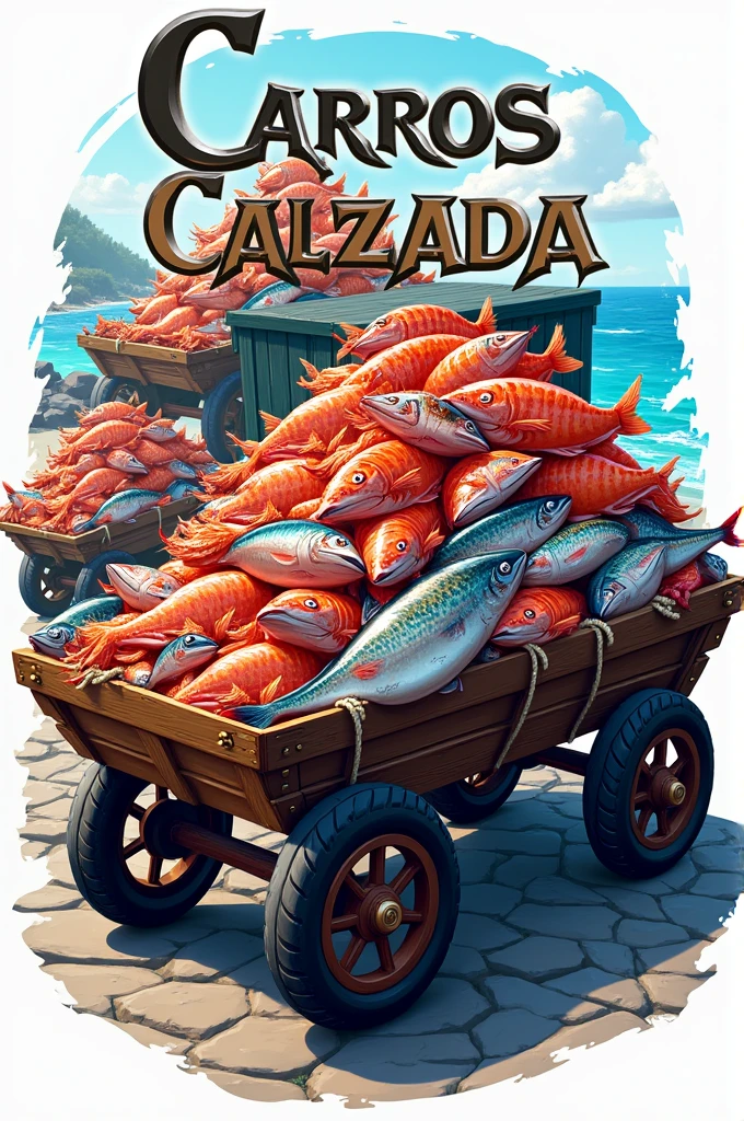 Generate the logo of a fish shop called Carros Calzada that contains carts full of fish and seafood