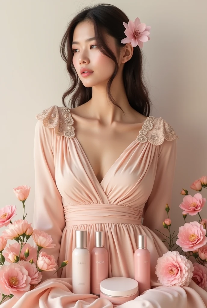 Cover photo for beauty brand: Cosmetics items and  gown organised. Don’t show nacked chest, show covered chest