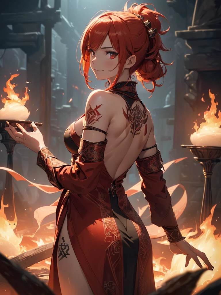 (((best quality, sharp image, clear image, cinematic lighting, 8k resolution, masterpiece, ultra detailed, intricate))) Girl, (((looking over left shoulder))), (shot from behind), fire mage, ((intricate background)), ((chaotic background)), red hair, smiling, ((flame runes, flame sigils)), (tatoo on back), slim figure, flying sigils, long dress, cute