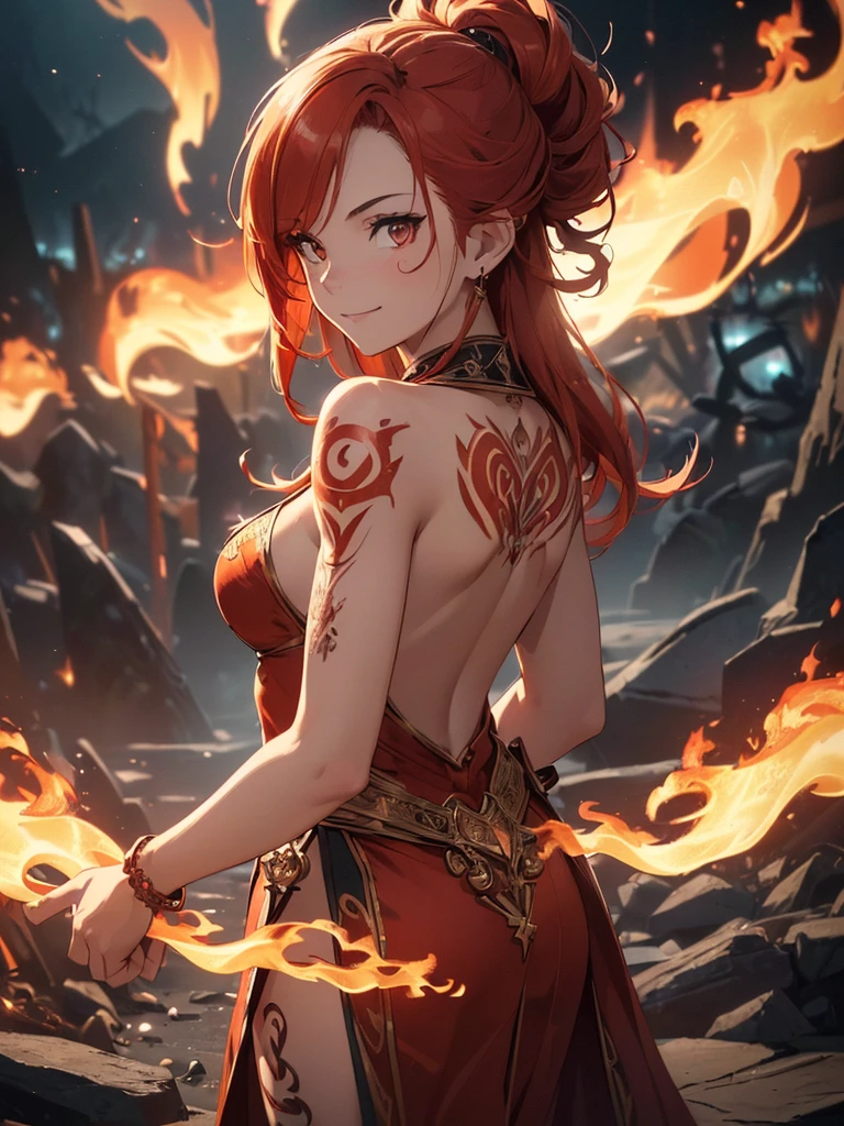 (((best quality, sharp image, clear image, cinematic lighting, 8k resolution, masterpiece, ultra detailed, intricate))) Girl, (((looking over left shoulder))), (shot from behind), fire mage, ((intricate background)), ((chaotic background)), red hair, smiling, ((flame runes, flame sigils)), (tatoo on back), slim figure, flying sigils, long dress, cute