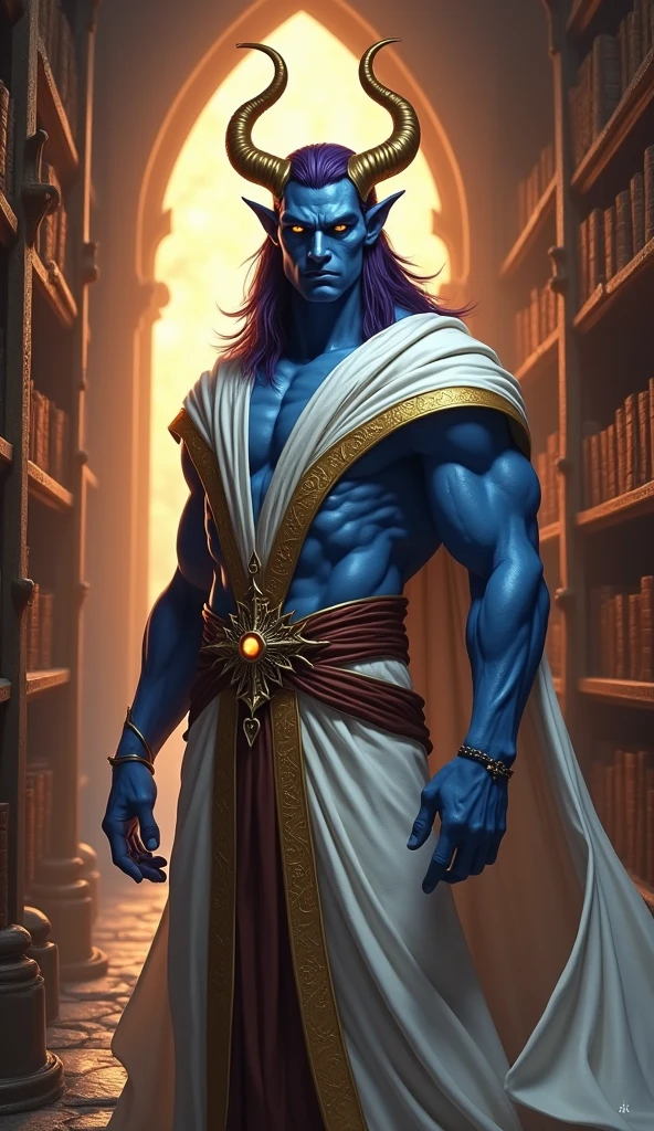High-fantasy concept art. full body shot. Blue-skinned young slightly muscular male tiefling with smooth, clean shaven face, a prominent very sharply pointed chin, swept back shoulder length dark purple hair, golden horns, and brightly shining golden eyes in a mystical, ancient library. He wears heavy sweeping white and gold robes. Golden hour. Soft, mystical light spills across the tiefling's facial features, accentuating his sharp jawline and horns. Intricate, leather-bound tomes line the shelves behind him. Warm, rich colors and atmospheric shadows. Best quality. Masterpiece. 8k resolution. Infinitely detailed. Dungeons and Dragons. Fantasy creatures. Mythical beings. High-fantasy worlds. Wizards of the Coast. Equipped warrior. Mystical auras. Leather armor. Sorcerous elements.
