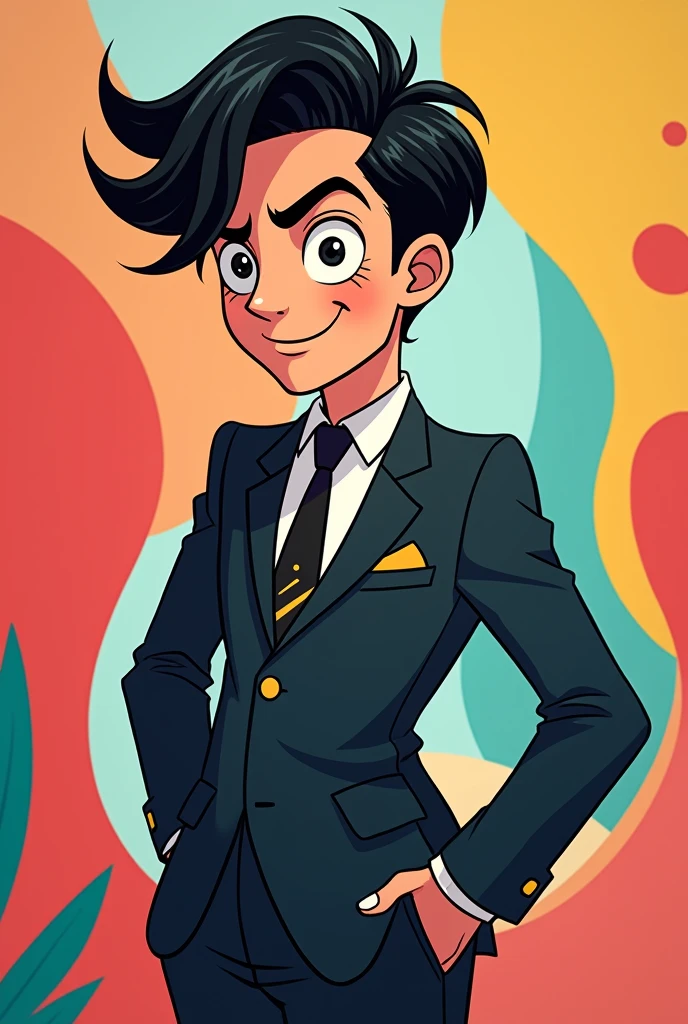 Crie um personagem de cabelo preto e terno, estilo Cartoon Network 