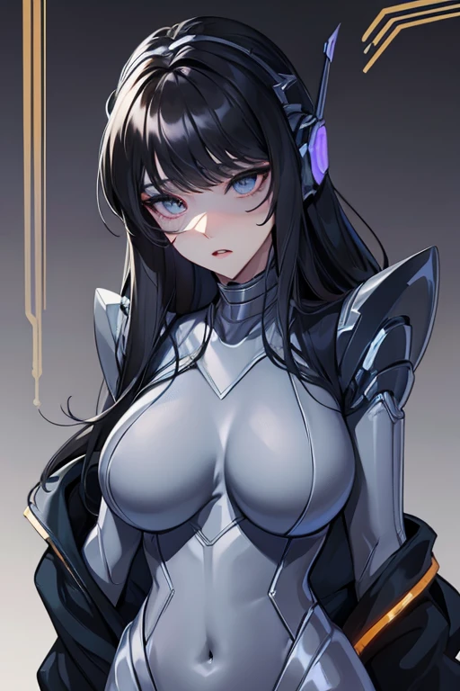 empty eyes,robotization,woman ,big bust,Robot Joint ,Metal skin,Black Suit,long hair,a black suit that covers the whole body