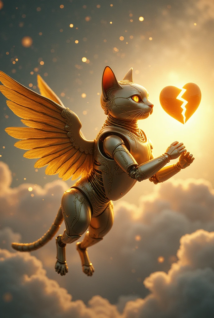 robotic golden costume flying cat at the heaven and broken heart