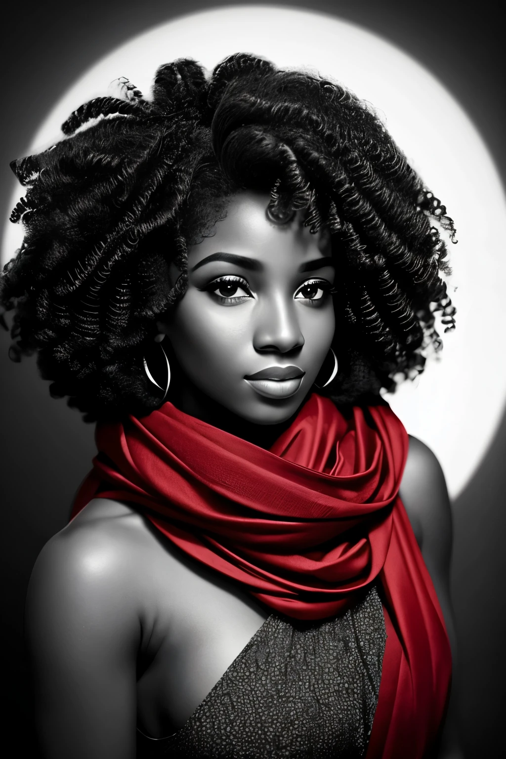 a beautiful black woman with curly hair, wearing a red headscarf, black and white portrait, detailed facial features, elegant, serene expression, dramatic lighting, cinematic, chiaroscuro, high contrast, timeless, iconic