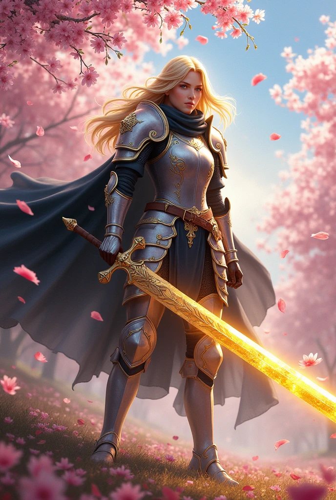 Golden-haired female knight wearing warrior armor With black veil Wields a great sword with a golden aura of power. standing on the battlefield full of cherry blossoms
