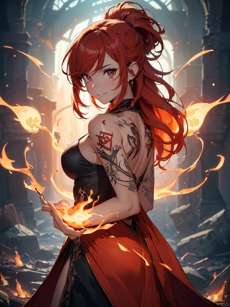 (((best quality, sharp image, clear image, cinematic lighting, 8k resolution, masterpiece, ultra detailed, intricate))) Girl, (((looking over left shoulder))), (shot from behind), fire mage, ((intricate background)), ((chaotic background)), red hair, smiling, ((flame runes, flame sigils)), (tatoo on back), slim figure, flying sigils, long dress, cute