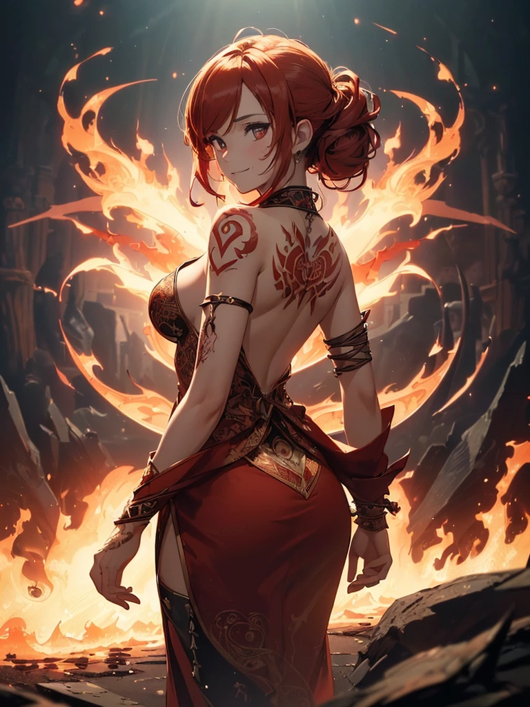 (((best quality, sharp image, clear image, cinematic lighting, 8k resolution, masterpiece, ultra detailed, intricate))) Girl, (((looking over left shoulder))), (shot from behind), fire mage, ((intricate background)), ((chaotic background)), red hair, smiling, ((flame runes, flame sigils)), (tatoo on back), slim figure, flying sigils, long dress, cute