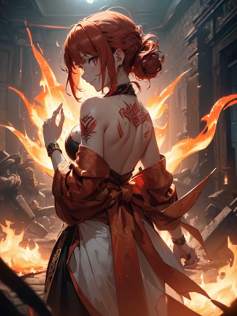 (((best quality, sharp image, clear image, cinematic lighting, 8k resolution, masterpiece, ultra detailed, intricate))) Girl, (((looking over left shoulder))), (shot from behind), fire mage, ((intricate background)), ((chaotic background)), red hair, smiling, ((flame runes, flame sigils)), (tatoo on back), slim figure, flying sigils, long dress, cute