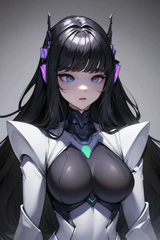empty eyes,robotization,woman ,big bust,Robot Joint ,Metal skin,Black Suit,long hair,a black suit that covers the whole body