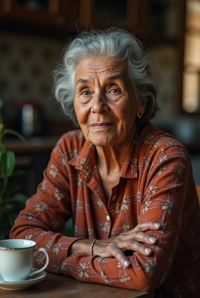 Créame una fotografía realista de una señora promedio latinoamericana de 70 años