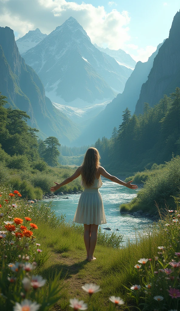 Ultra-realistic image in 8k, a woman in a field overlooking a stream running between mountains with trees and flowers around a phenomenal place, This person has open arms symbolizing the search for hope, a darker shade