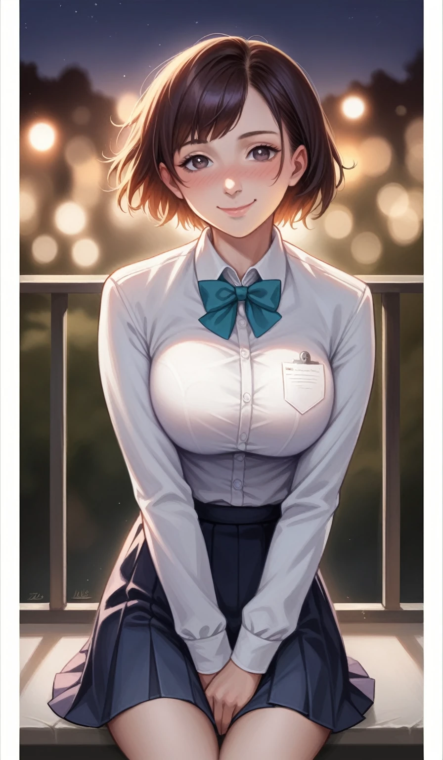 (8k, RAW photo, best quality, masterpiece:1.2), (realistic, photo-realistic:1.37), ultra-detailed,
1 girl,cute, solo,beautiful detailed sky,detailed cafe,night,sitting,dating,(nose blush),(smile:1.1),(closed mouth),large breasts, seductive smile, large aparture, professional lighting, Sony A7R4, Zessie 50mm F1.8,
medium breasts,beautiful detailed eyes,(collared shirt:1.1), bowtie,pleated skirt,(short hair:1.2),floating hair