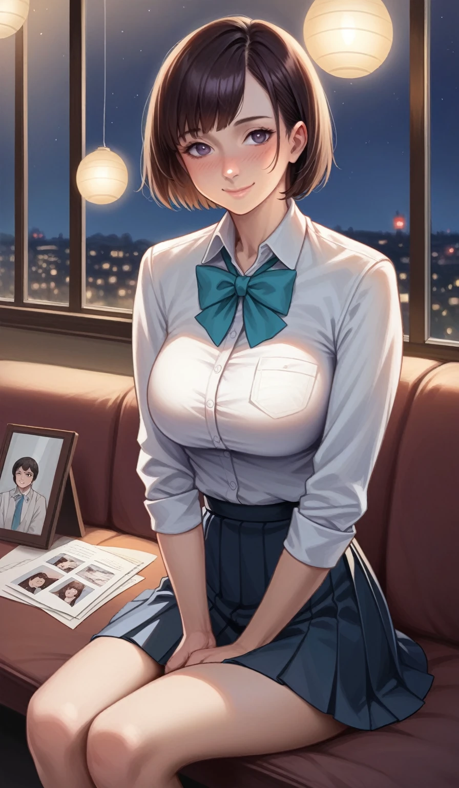 (8k, RAW photo, best quality, masterpiece:1.2), (realistic, photo-realistic:1.37), ultra-detailed,
1 girl,cute, solo,beautiful detailed sky,detailed cafe,night,sitting,dating,(nose blush),(smile:1.1),(closed mouth),large breasts, seductive smile, large aparture, professional lighting, Sony A7R4, Zessie 50mm F1.8,
medium breasts,beautiful detailed eyes,(collared shirt:1.1), bowtie,pleated skirt,(short hair:1.2),floating hair 