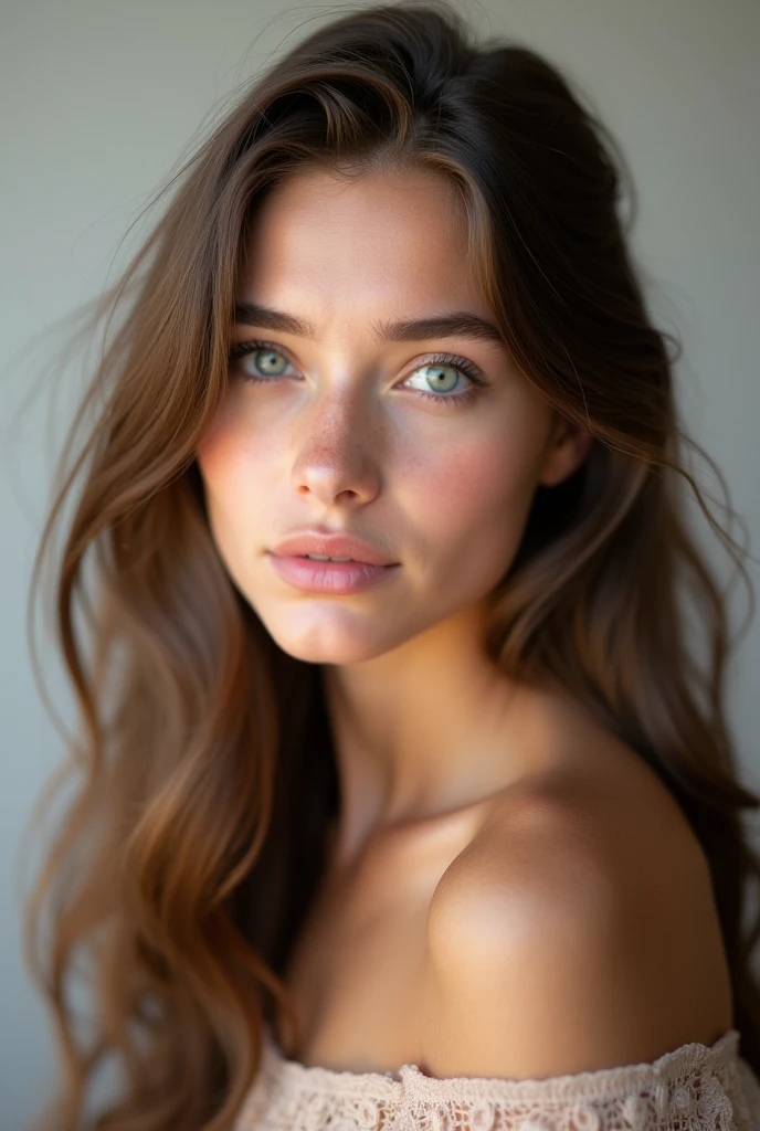 Create a girl's face, Ela tem cabelos longos, It's simple, doesn't wear makeup, she's European, a simple photo
