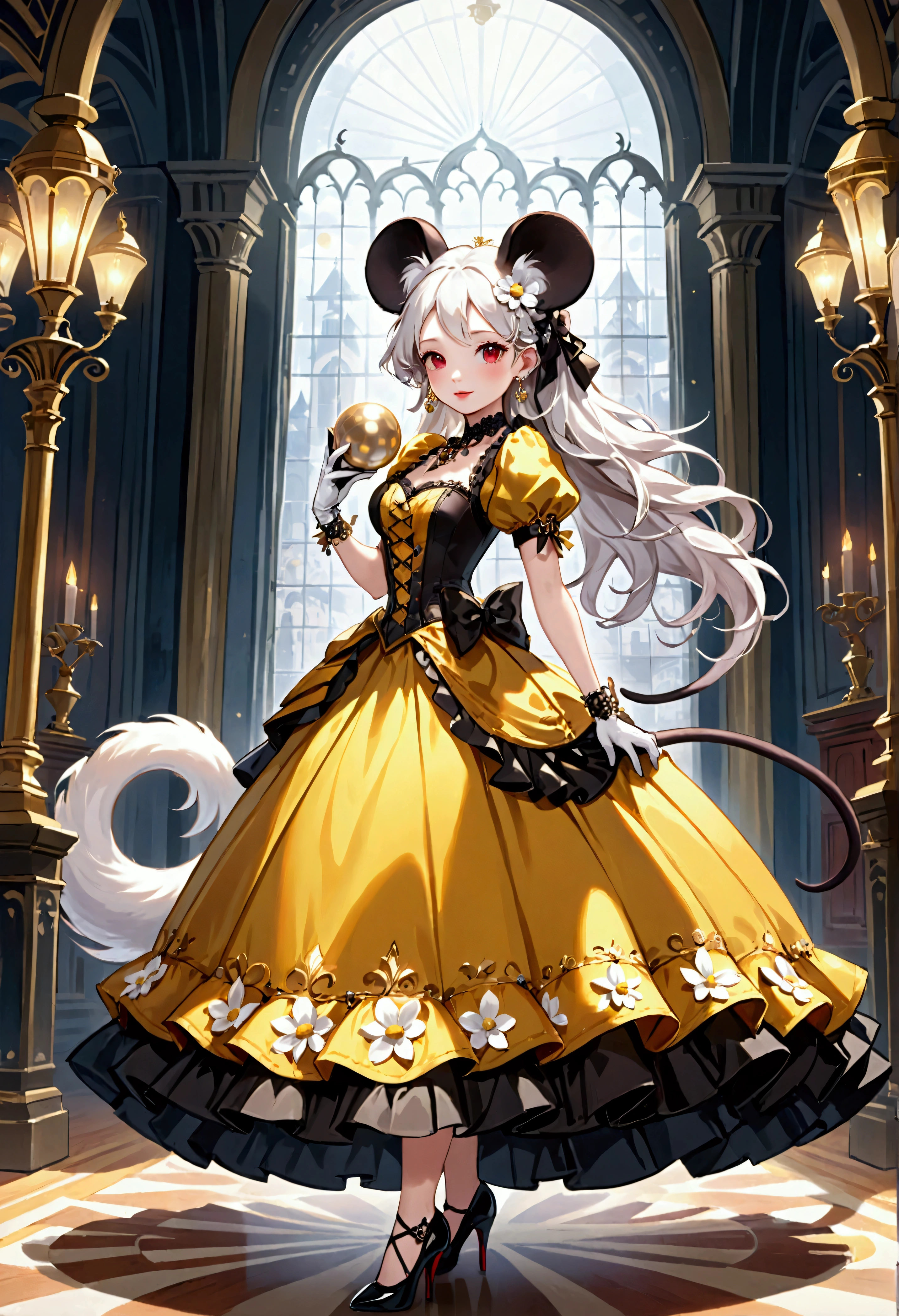 (best quality,4k,8k,highres,masterpiece:1.2), ultra-detailed, Pretty anthropomorphic mouse girl has a princess, drawn in anime style, steampunk, wearing a yellow princess gown with puffy sleeves, steampunk, gorgeous frilly dress design,flowing gown,elaborate lace details,rich textures,contrast stitching,delicate ribbon bows,floral accents, flowers embroidery, full skirt,short sleeves,fitted waistline,flared cuffs,lace-up back,luxurious fabrics,flawless silhouette, long curly white hair and red eyes, white fur, smiling, mouse ears and tail, high heels, white elbow gloves, gold bracelets, tiara made of seashells, beautifully detailed lips with lipstick, long eyelashes, eyeshadow, seashell necklace, walking elegantly in a castle hallway, 