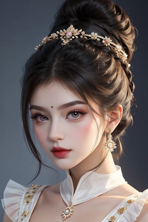 A girl in an аквамариновом dress with dark hair in a beautiful bun hairstyle and a bunch of аквамаринов