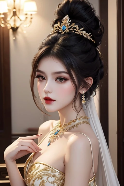 A girl in an аквамариновом dress with dark hair in a beautiful bun hairstyle and a bunch of аквамаринов