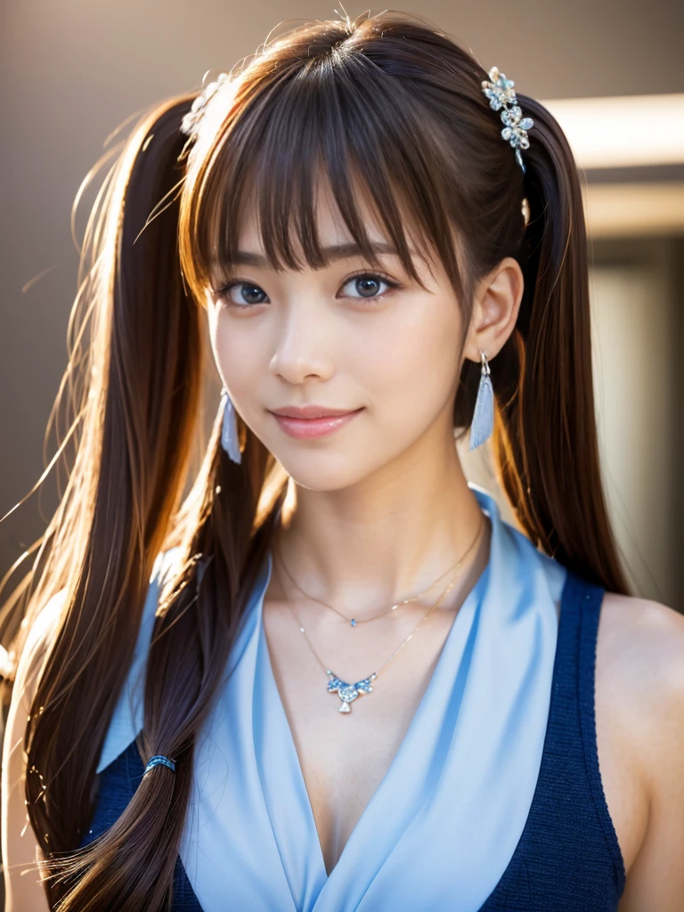 One person, solo, High resolution, Long Hair, Gaze, chest, smile, Blushing, Shortcuts, bangs, blue eyes, Brown Hair, Blonde, Simple Background, ribbon, Twin tails, 目の間のbangs, accessories, Earrings, teeth, メイドヘッドaccessories, High resolution, Highest quality, Winner of numerous awards, Textured skin, Very detailed, 大きなchest, Heavy makeup, Eyes are symbols, Character portrait, Sony FE GM, accessories, Sparkle Effect, Godley, Reality,