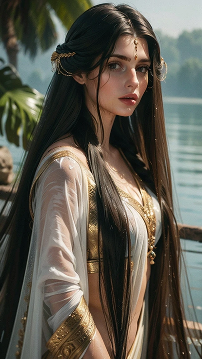 araffeed woman wit, very long very very wet flowing hair, really long, extremely long wet hair, extra long wet hair, elaborate long wett hairstyle, indian empress, elaborate long black wet hairstyle, long wet hair, indian, long hairs, indian style, long long flowing hair, girl with super long hair, long hair shawl