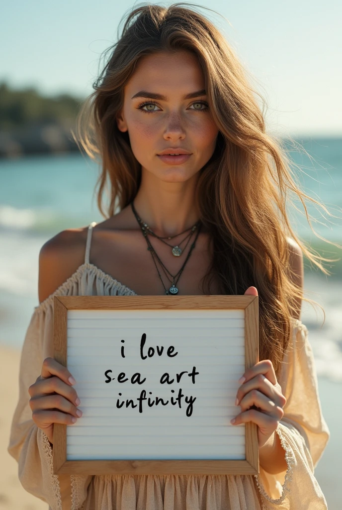 Beautiful girl with wavy long hair, bohemian dress, holding a white board with text "I Love Seaart Infinity" and showing it to the viewer