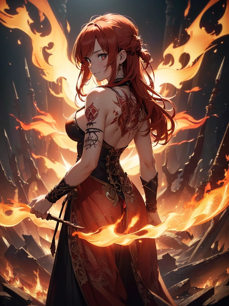 (((best quality, sharp image, clear image, cinematic lighting, 8k resolution, masterpiece, ultra detailed, intricate))) Girl, (((looking over left shoulder))), (shot from behind), fire mage, ((intricate background)), ((chaotic background)), red hair, smiling, ((flame runes, flame sigils)), (tatoo on back), slim figure, flying sigils, long dress, cute