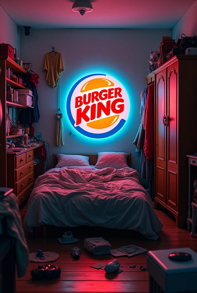 messy Bedroom, Bed, Wardrobe, Luminous Buger King logo hanging on the wall, 8k, High Quality, store facade,