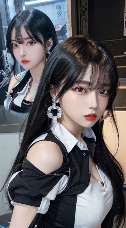 anime girl with black hair and white shirt with earrings, awesome anime face portrait, guweiz style artwork, as a mechanic lady, detailed anime character art, guweiz, detailed portrait of anime girl, 1 7 year old anime gothic girl, anime character art, detailed digital anime art, Portrait of a lady mechanic, beautiful animated portrait