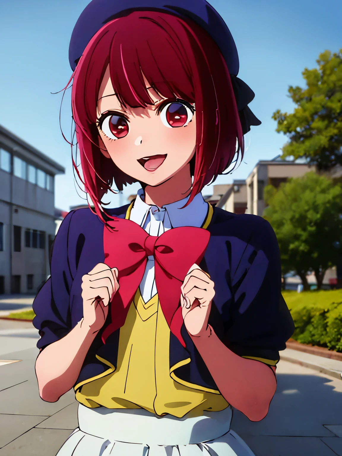 masterpiece, Highest quality, Ultra-high resolution, Highest quality, Anime Style, Best writing, Beautiful Face, masterpiece、Very detailed、(1 person:1.2)、Redhead、school uniform、Big red ribbon on chest, Big eyes、Laughter、morning, 8k、short hair、beret、(((Anime Style)))、Shining Eyes、 (Perfect hands, Perfect Anatomy),