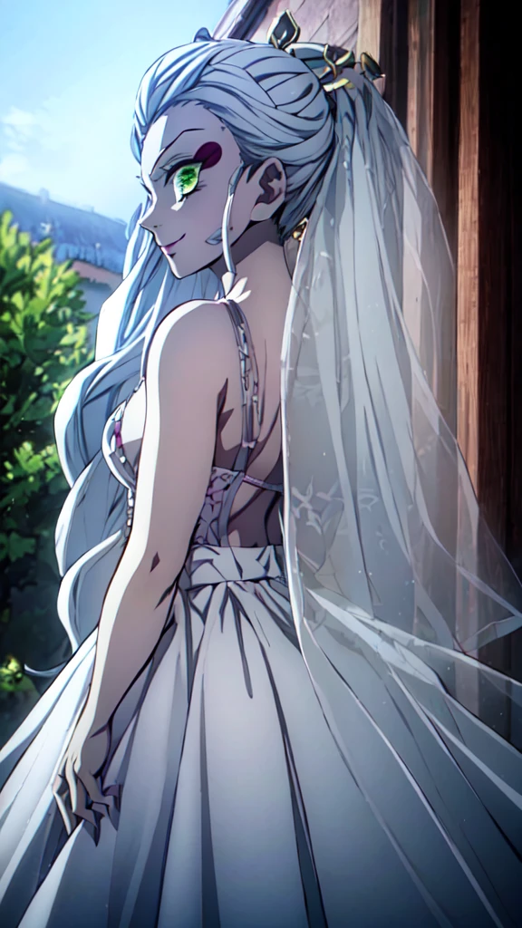 (masterpiece, highest quality, beautifully、aesthetic:1.3), Upper Body, Looking Back, View Viewer, One girl, alone, A light smile, (compensate, Long Hair, Light grey hair, Green Eyes:1.2), Ruani 0256, Bridal Veil, lace trim dress, See through, Wedding dress, Outdoor, White Rose, garden, morning, Are standing, Very detailed, Daki