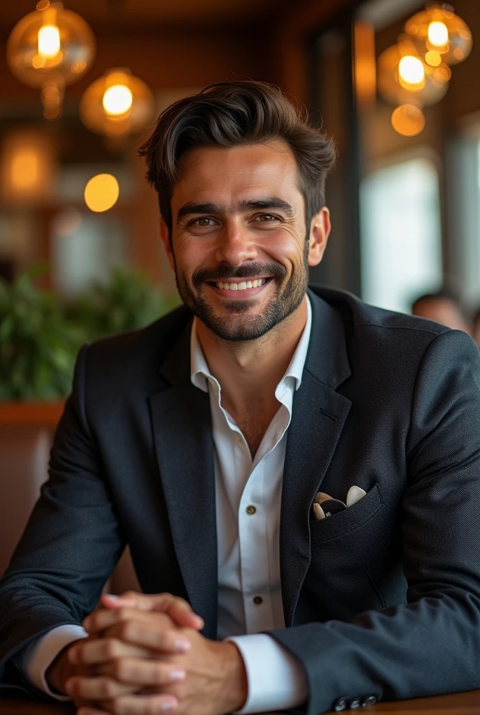 male, 35 year old, 6ft 1, brown eyes, fair skin, dark hair, tall, nice smile, enjoys cafes, watches Indian movies, kind hearted, wearing stylish clothes, well built, fair skin color, clean shave skin, strong and muscular