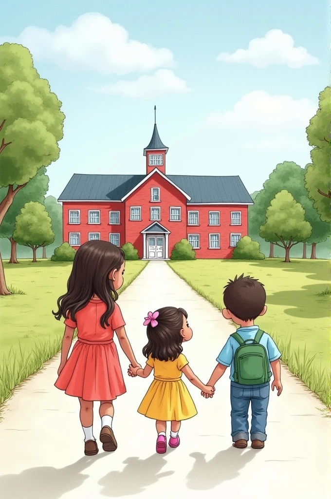 Drawing for primary school that represents that the family must educate so that the school can teach. It could be a school in the background and a family with their back turned walking towards it. 