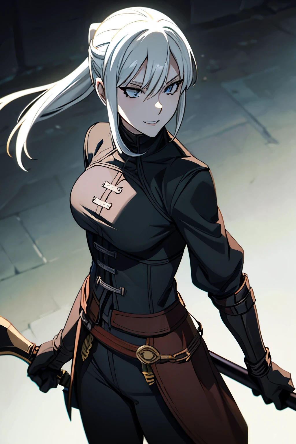 a illustration of a female rogue, grin, pale_skin albino, ((white_eyes)), white_hair ponytail, black_clothes, black_armor leather_armor, black_pants leather_pants, thief, cowboy_shoot, female_focus, simple_background, solo, final fantasy tactics, jrpg, demacia, vox machina style, dungeon_meshi