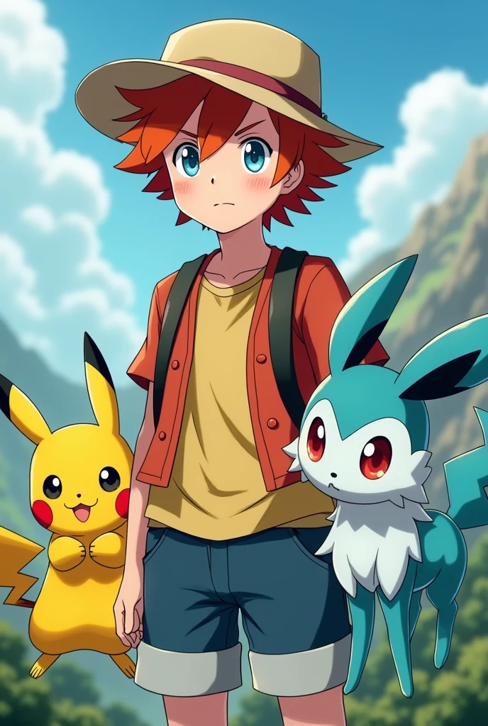 Create a male Pokémon character by blending the image of Ash and Misty..
Put a hat on him/her.. That your hair has orange highlights.
May Pikachu and Vaporeon be with him.