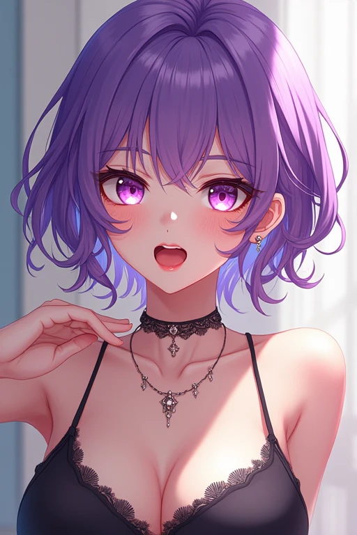 one girl, short hair, jewelry, Tongue outside the mouth, High accuracy, Best quality, details, Purple hair, Breasts, Anime, foot palm 