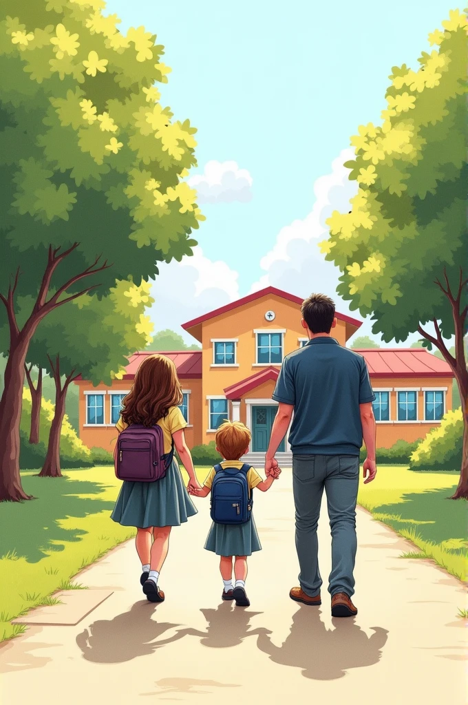 Drawing for primary school that represents that the family must educate so that the school can teach. It could be a school in the background and a family with their back turned walking towards it. . Let the family go mom and dad two children in school uniform
