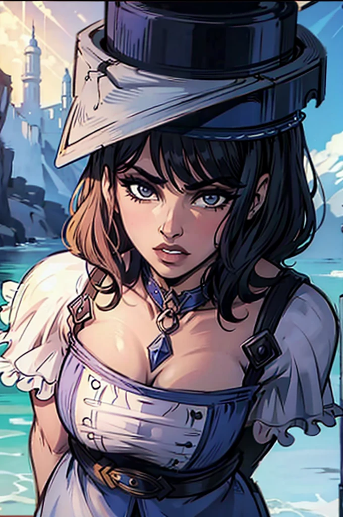 A scantily clad woman , pirate, cliffs, ocean, beach, sunny, thighhighs , unitard, one glove, long hair, flower in hair, cleavage, white blouse, jewelry, mole, highres, absurdres, anime, arms crossed, thigh-high boots