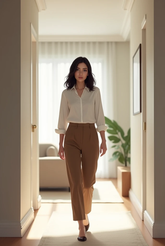 Claire, a brunette woman in her 30s with black hair, enters a modern house. She is wearing work clothes (a white shirt and brown pants) and looks tired. The hallway is bright with light walls, a subtle carpet, and elegant decor. Claire walks slowly with an expression of exhaustion.