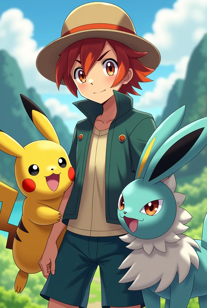 Create a male Pokémon character by blending the image of Ash and Misty..
Put a hat on him/her.. That your hair has orange highlights.
May Pikachu and Vaporeon be with him.