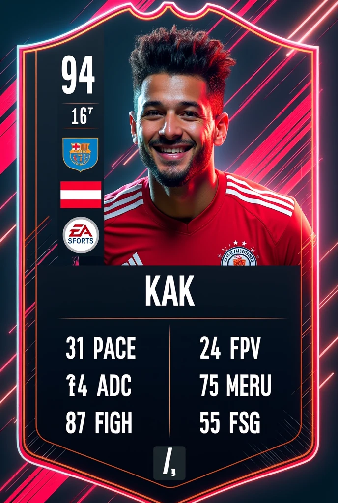 Create a Fifa 23 player card with all statistics ( ha, given, and so forth) by a footballer named kak. His name is “Kak”. Not kaka but just kak.