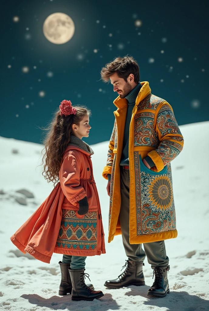 A girl in a custom coat 'DE MARCELINA' , and a man in a custom 'HAPPY' coat on the Moon