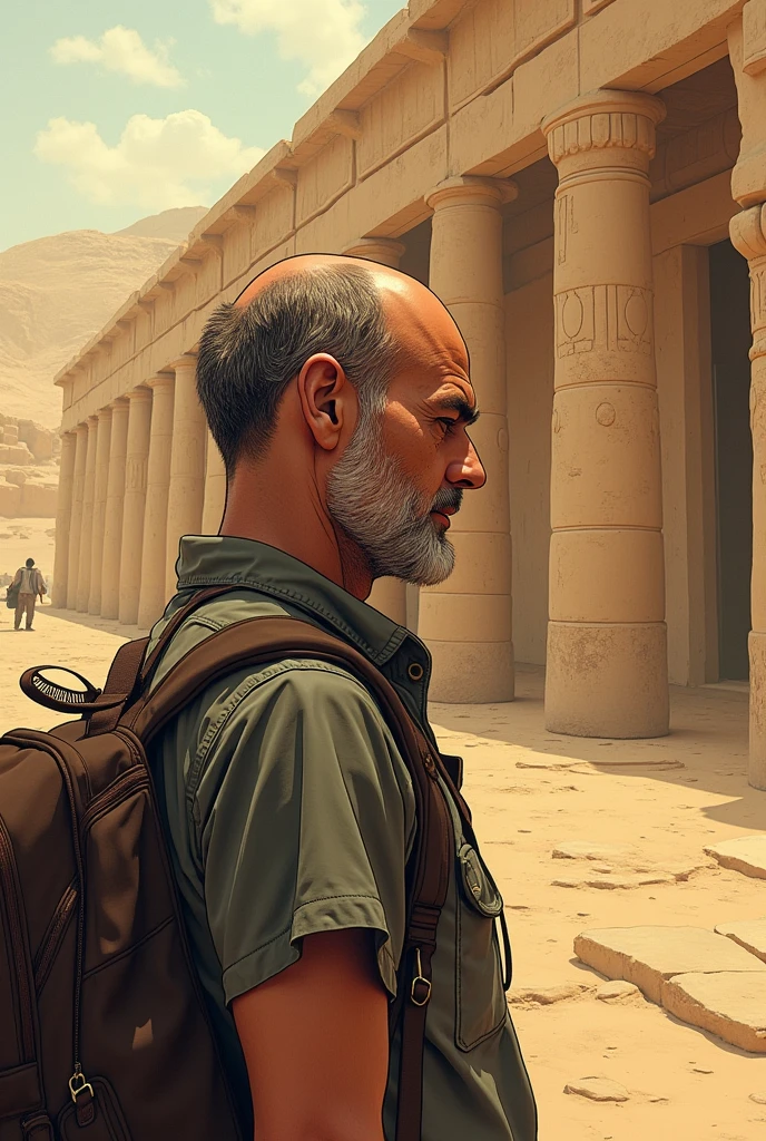 Homme 48 ans debut de calvitie, sans barbe, europeen part en egypte et ne pense plus a sa copine qui a 36 ans italienne cheveux bouclés jusqu'au bas du dos, brune, blanche, ils sont séparés.. Faire une bd avec dessin et dialogne 
