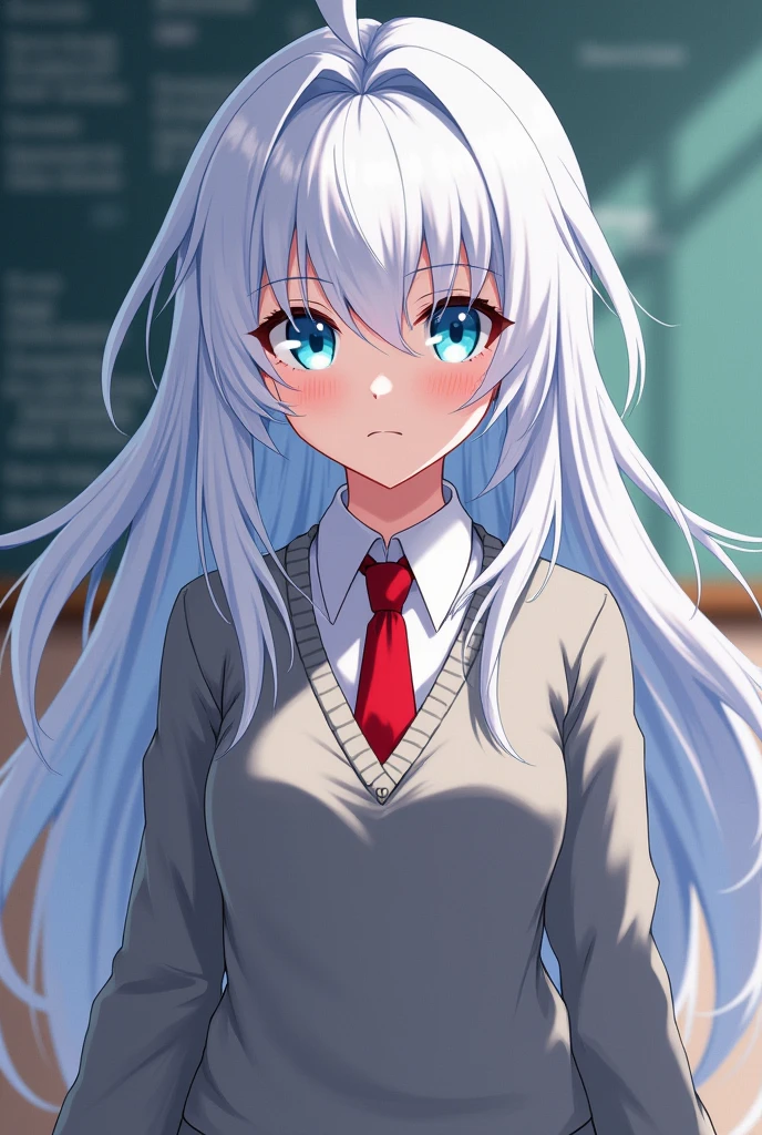 Girl with beautiful white hair and light blue eyes wearing a UA uniform (my hero academia) (The uniform is a white shirt over a gray sweater and a red tie in the background, a UA class)