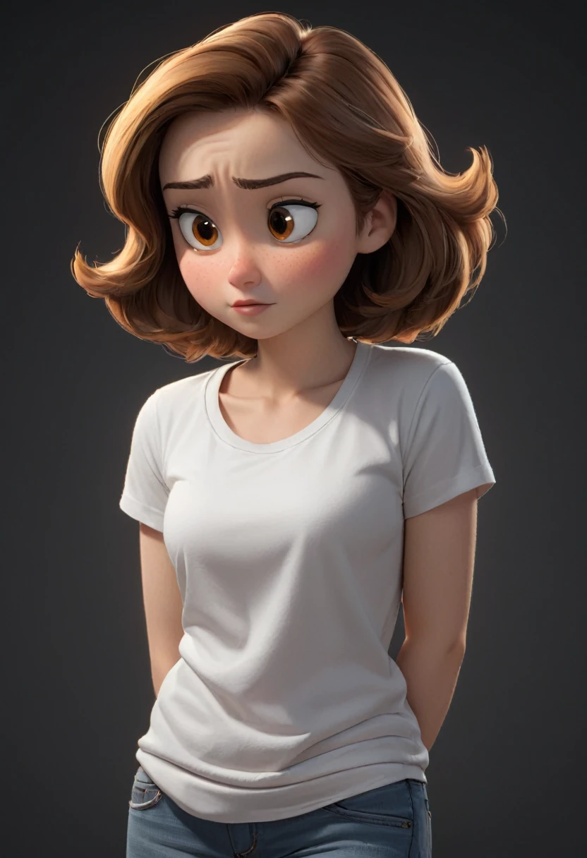 woman (((Caucasian, light brown hair, brown eyes))), (((slightly fat))) front, with flapping left arm, slumped shoulders, (look downcast), (((very sad expression))), depressed, (((white t-shirt))), (((black background, black background color))) ((pixar style))