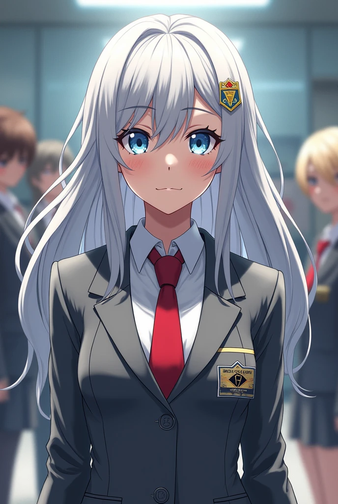 Girl with beautiful white hair and light blue eyes wearing a UA uniform (my hero academia) (The uniform is a white shirt over a grey jacket and a red tie in the background, a UA class)