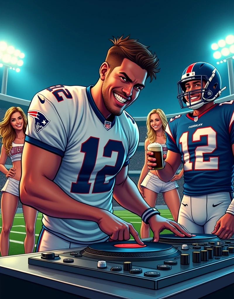 image type bande dessinée, environnement : stade de football américain de nuit, personnage principal : disc jockey mixant sur des platines portant un maillot de football americain avec le numero 12, visage souriant, personnage en second plan : footballeur américain musclé avec une tenue bleue portant le numero 12 et une biere à la main, visage souriant, personnage au troisieme plan : troupe de cheerleaders sexy, visages souriant